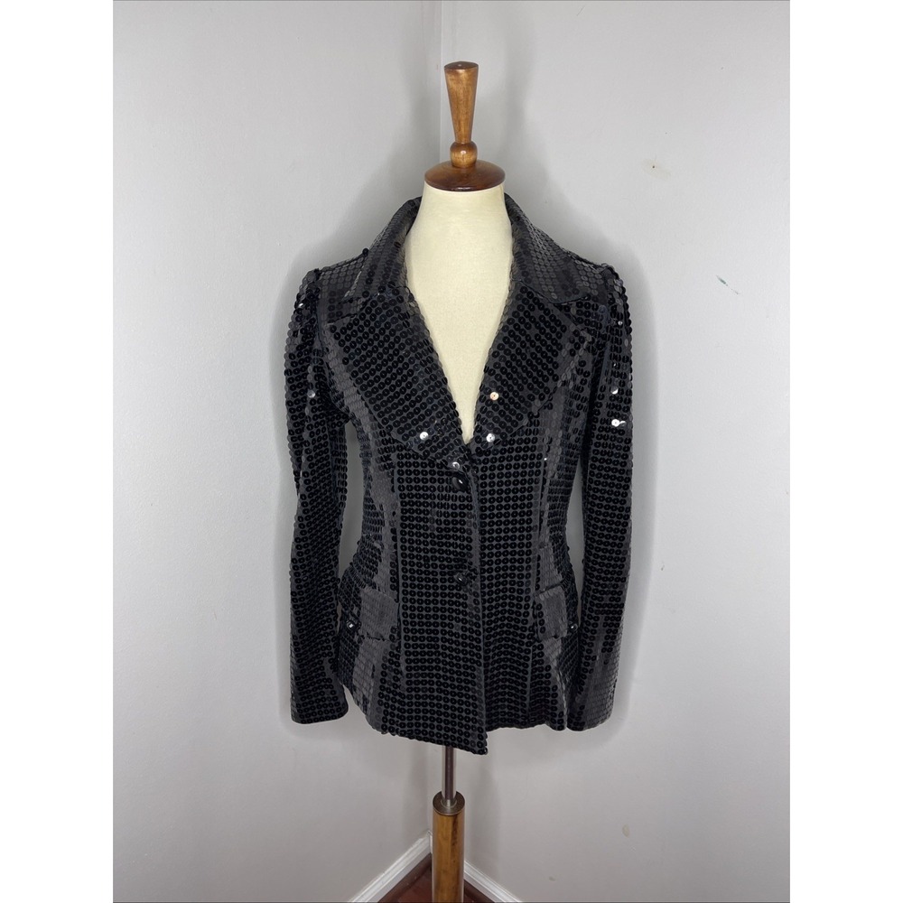 New Anna Sui Mignight Sequin Black Puff Sleeve Blazer 2